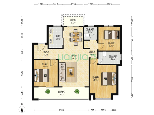 九龙学府 3室1厅2卫 133平方