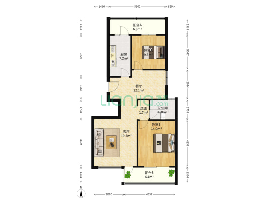 天正湖滨一期 2室2厅1卫 108平方