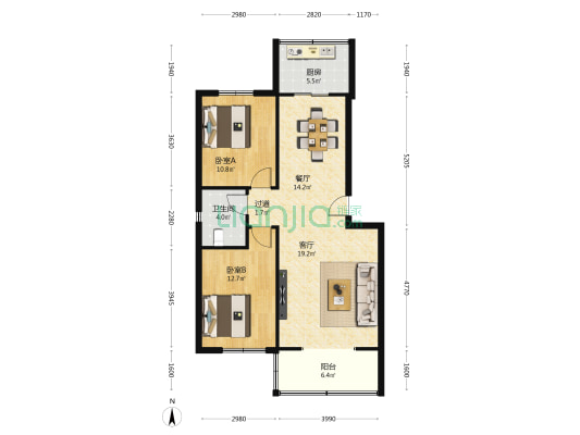 唐园庭院 2室2厅1卫 93平方