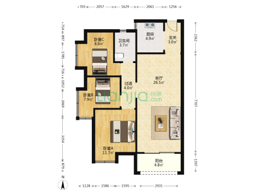 海伦堡千江阅 3室1厅1卫 90平方