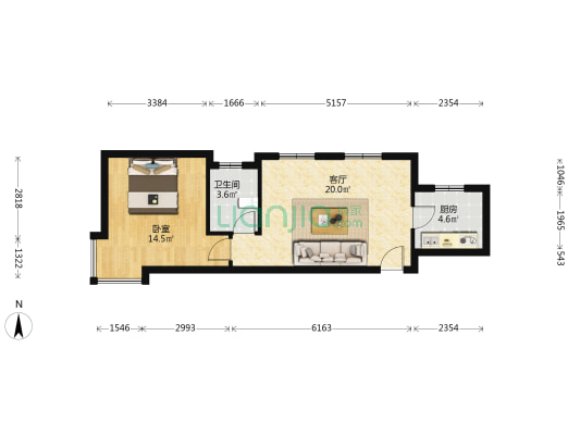 华融现代城朝北大一居，采光好，视野好，有证可贷款-户型图