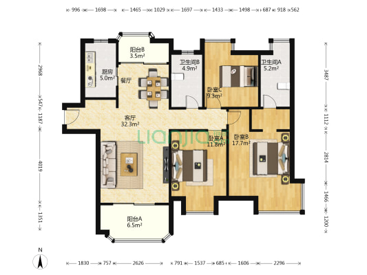 国贸天悦一期 3室1厅2卫 129平方