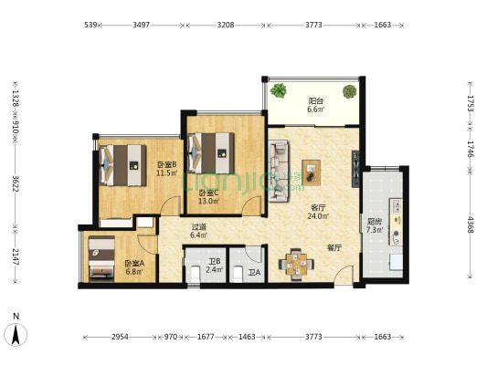 利腾金力湾商业中心 3室1厅2卫 97平方
