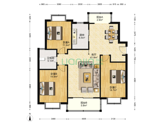 三湘世纪花城 3室1厅1卫 127平方