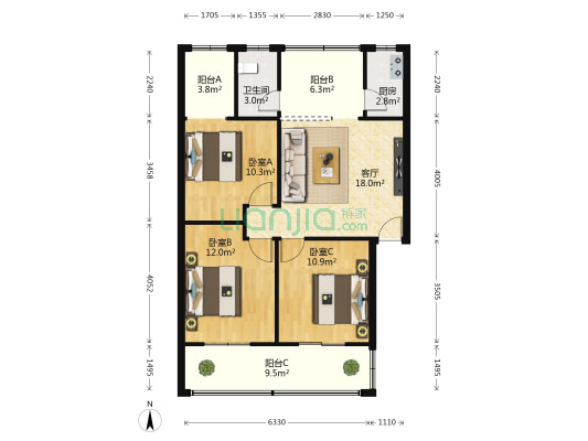 大石西一街2号 3室1厅1卫 76平方