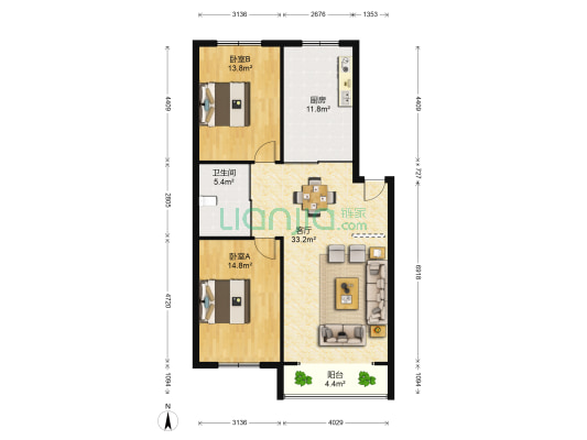 创业家园 2室1厅1卫 128平方