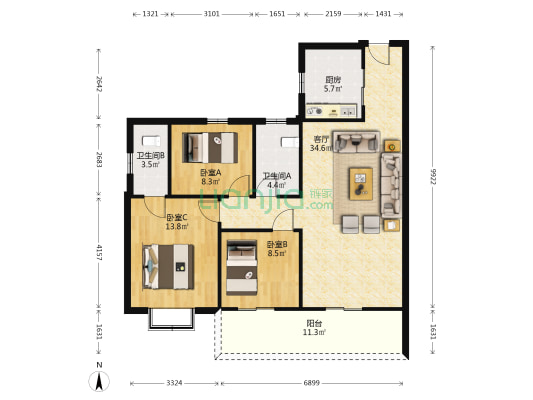 大新鸿基豪庭 3室1厅2卫 113平方