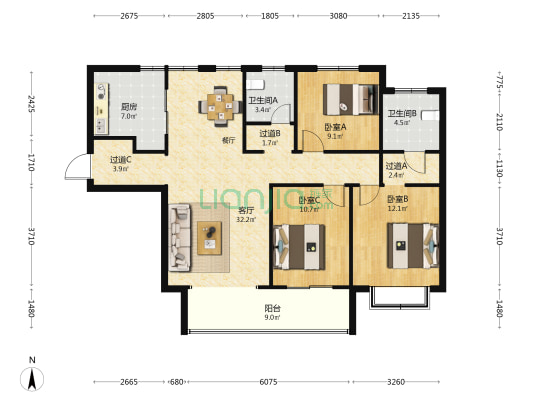 大益华府御苑 3室1厅2卫 136平方