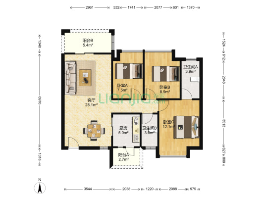 丽日湖逸家园一期 3室1厅2卫 98平方