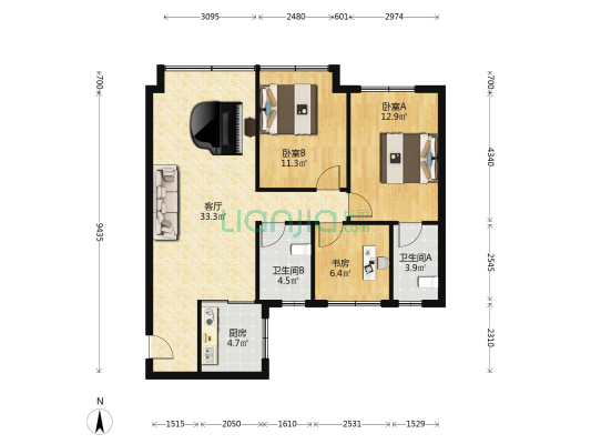 绿城桂语朝阳B区 3室1厅2卫 119平方