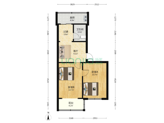 妇干院宿舍 2室1厅1卫 62平方