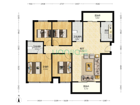 胜利新天地花苑 4室1厅2卫 125平方