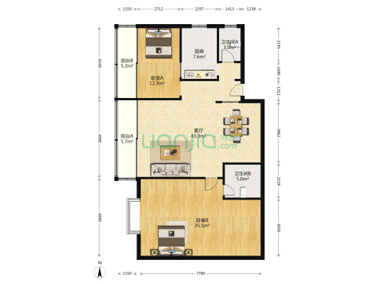龙隐园一区 2室1厅2卫 138平方