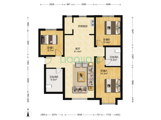 京投发展公园悦府二区 3室1厅2卫 119平方
