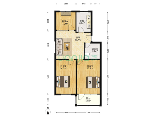 市政二小区 3室1厅1卫 90平方
