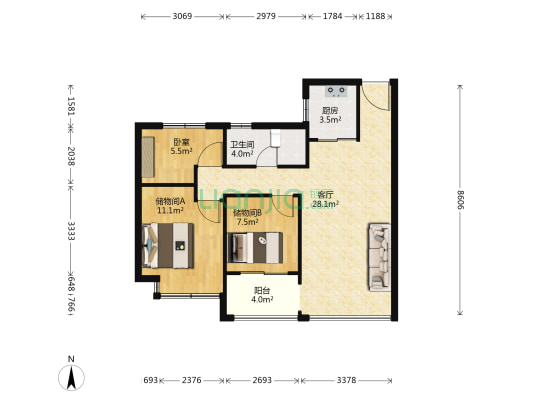 普禧观澜 1室1厅1卫 88平方