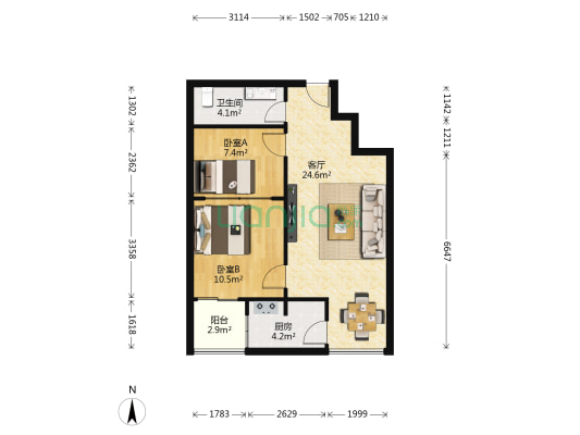 兰海商贸城 2室1厅1卫 70平方