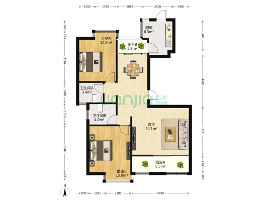 朝阳梅园 2室1厅2卫 110平方