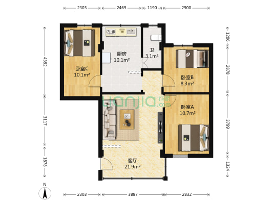 和睦巷1号 3室1厅1卫 79平方