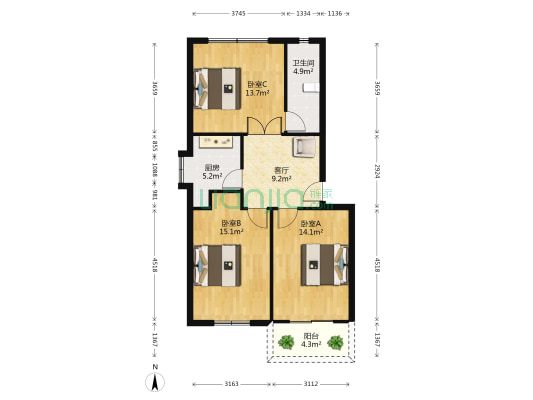水果湖二小宿舍 3室1厅1卫 78平方