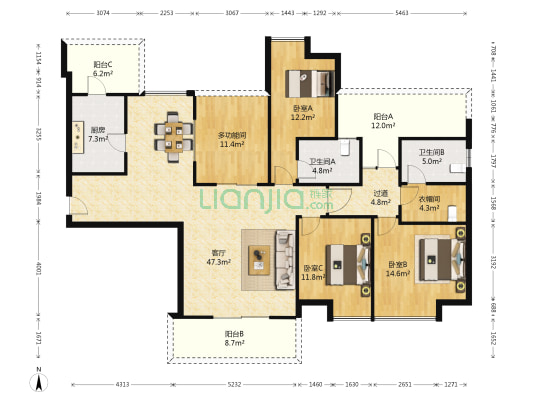 金地湖城大境天字一号 4室1厅2卫 168平方