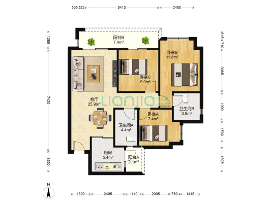龙湖三千庭 3室1厅2卫 90平方