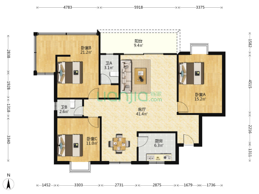 嘉俊苑 3室1厅2卫 134平方