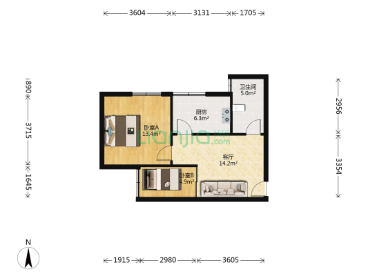 京苑小区 2室1厅1卫 55平方