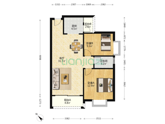 翡翠城 2室1厅1卫 83平方