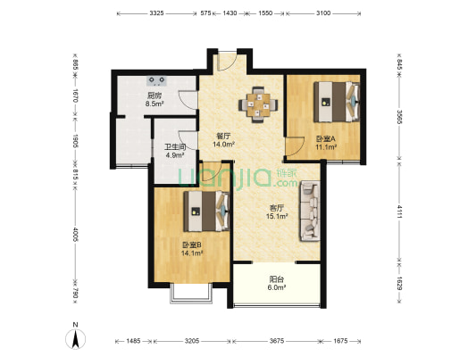 五一阳光尊园 2室2厅1卫 103平方