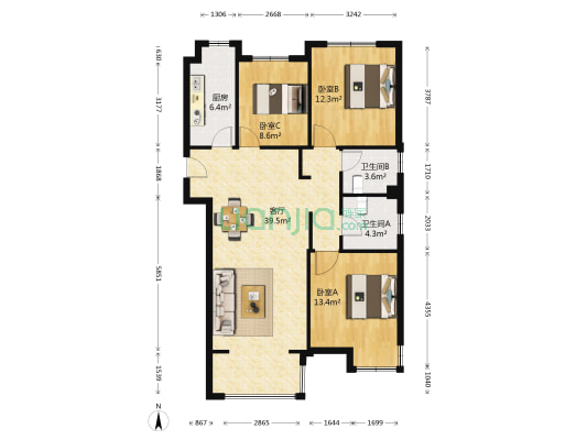 红星都会广场南苑 3室1厅2卫 118平方