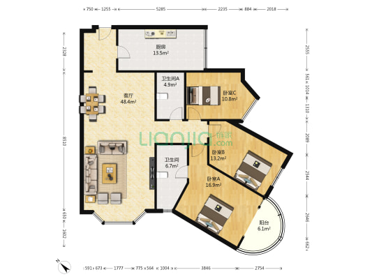 北斗星花园 3室1厅2卫 148平方