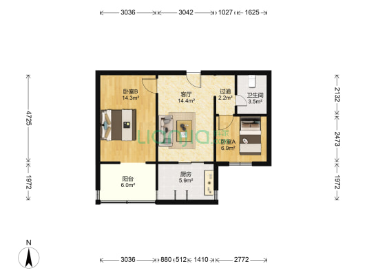 法院家属院 2室1厅1卫 60平方