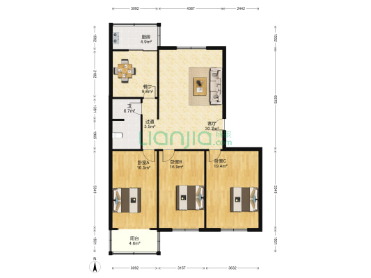华山公寓 3室2厅1卫 136平方