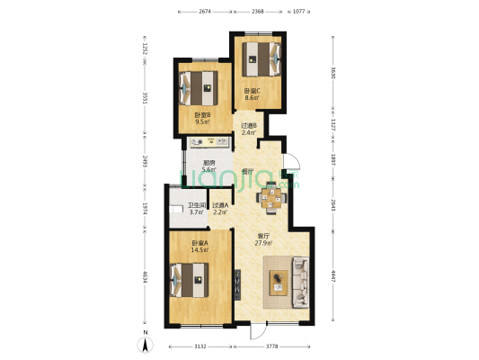中海寰宇时代 3室1厅1卫 102平方