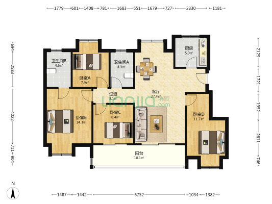 中锐星棠府 4室1厅2卫 114平方