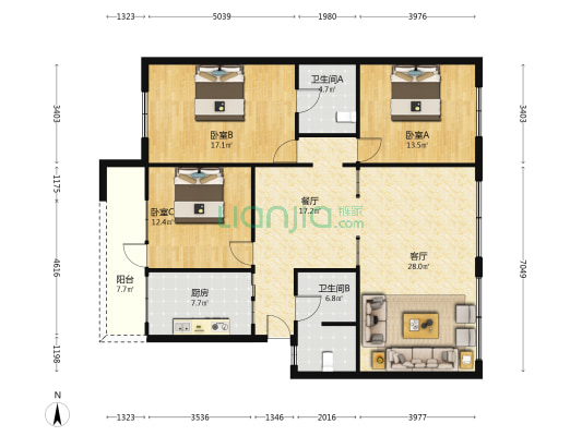 蜀南大院 3室2厅2卫 132平方