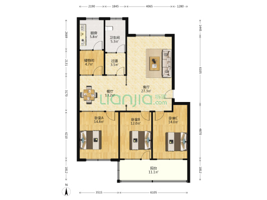 公路局宿舍 3室2厅1卫 137平方