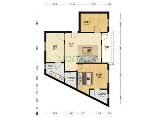荣兴楼 2室2厅2卫 87平方