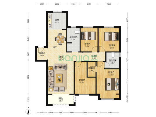 名门紫园悦园 4室1厅2卫 134平方