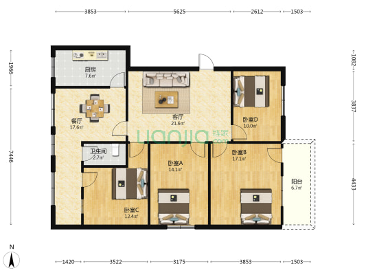 林荫路 4室2厅1卫 131平方
