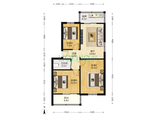 陕西省五矿进出口公司家属院 3室1厅1卫 80平方