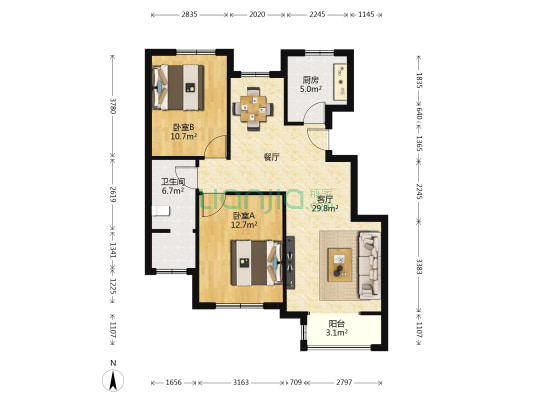 中和苑 2室1厅1卫 92平方