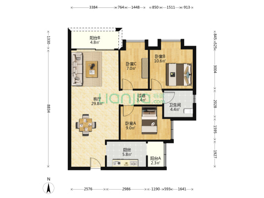 丽景华苑一期 3室1厅1卫 89平方