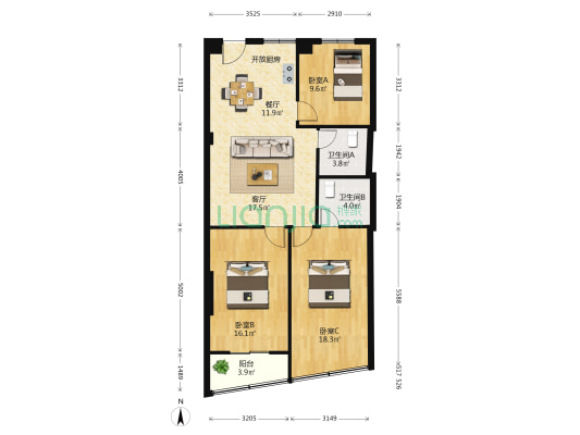 虹丰大厦公寓 3室2厅2卫 98平方
