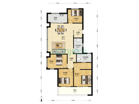 翠揽云境 4室1厅2卫 126平方