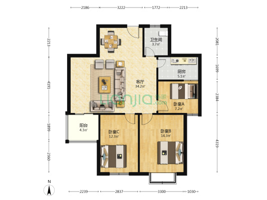 骏亚上河城 3室1厅1卫 104平方
