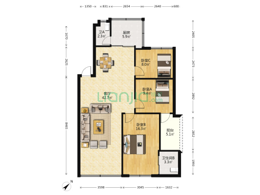 桥北四区 3室1厅2卫 85平方