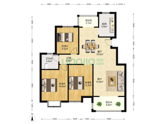 福海嘉园 3室2厅1卫 118平方