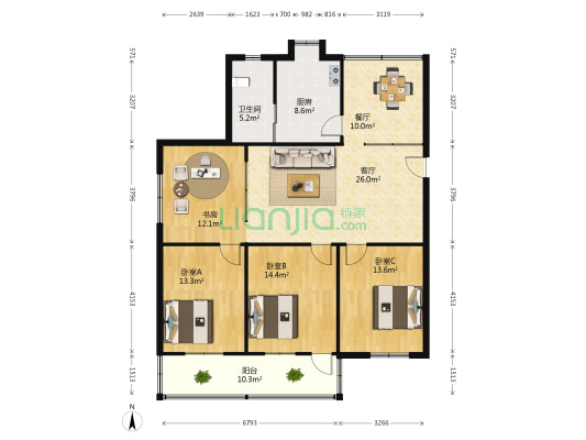 龙珠小区 4室2厅1卫 130平方